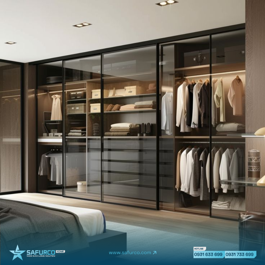 10+ MẪU TỦ QUẦN ÁO XU HƯỚNG 2026 16 Tủ cánh kính – Sang trọng và hiện đại