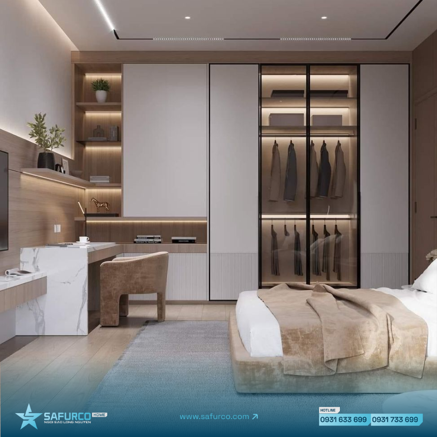 10+ MẪU TỦ QUẦN ÁO XU HƯỚNG 2026 18 Tủ quần áo kết hợp bàn trang điểm / bàn làm việc