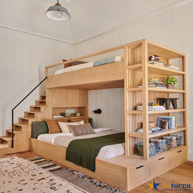 Giường tầng kết hợp 1 giường đôi, 1 giường đơn và giá sách