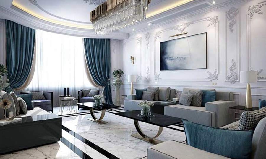 Phòng khách hiện đại mang phong cách tân cổ điển với gam màu xanh pastel sang trọng